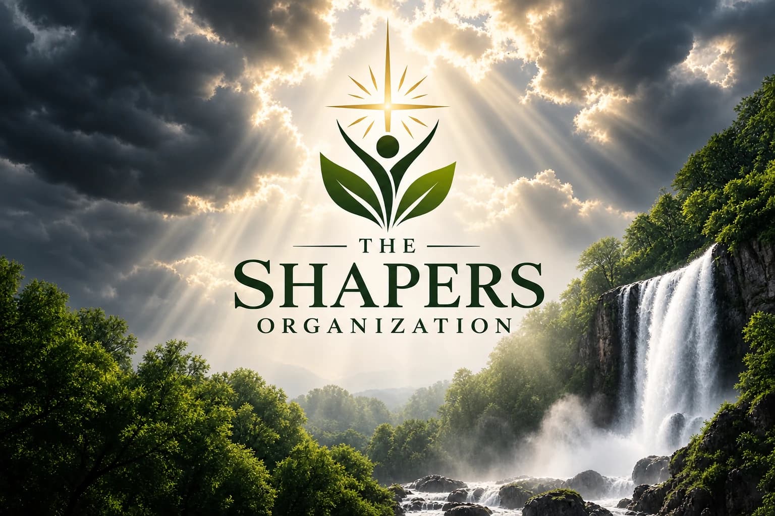 The Shapers Organization — approved emblem and wordmark in a forest landscape with a waterfall and light breaking through clouds